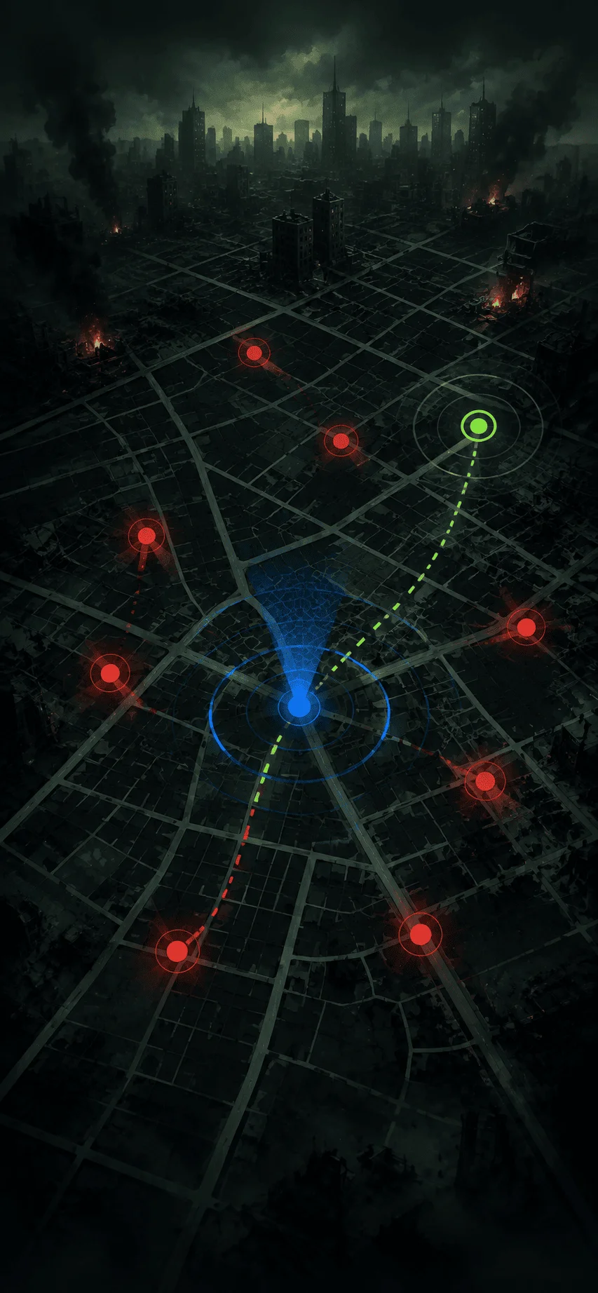 Ilustración del concepto: una ruta real atravesada por amenazas virtuales